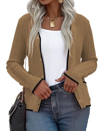 QUEZHU Women's Winter V-Neck Button Down Cardigan Knit Soft Sweater with Pockets3