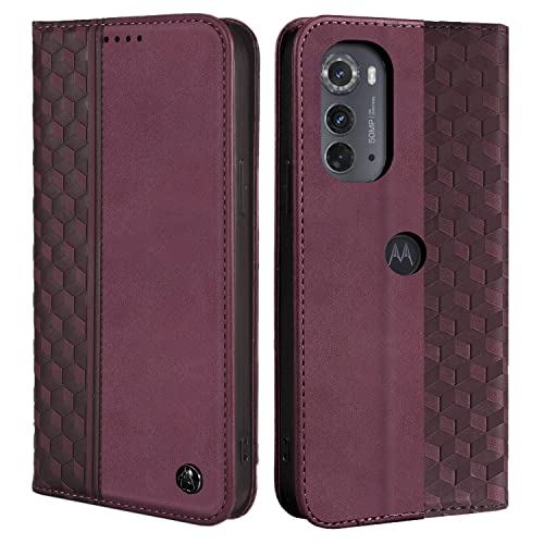 Image of Wallet Case for Motorola Edge 2022 6.6 inch - Moto Edge 2022 Flip Case [Strong Magnetic] PU Leather Folio Case with Card Holder Kickstand Protective Phone Cover - Wine Red