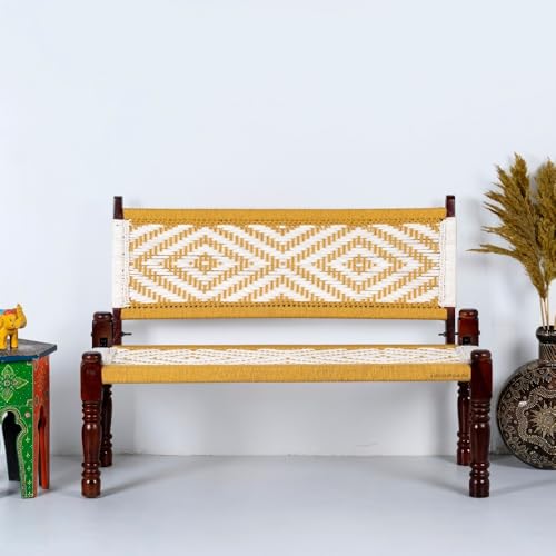 Image of Srima Wooden Bench for Living Room | Handcrafted Sheesham Wood Backrest Bench for Balcony & Garden | Traditional Rajasthani Patio for Outdoor with Cotton Handwoven Rope | Yellow and White
