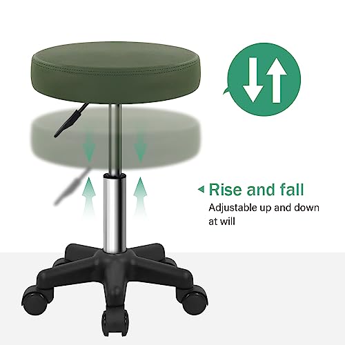 Image of FURWOO Round Rolling Stool Height Adjustable Stool with Wheels for Spa Salon Massage Green