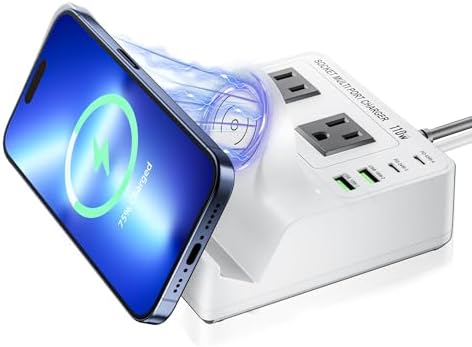USB Charging Station for Multiple Devices Apple, TOPOINT 7 in 1 Power Strip with Wireless Charger for iPhone, 65W Fast Charging USB C Charger Block Phone for Samsung Android MacBook iPad Tablet
