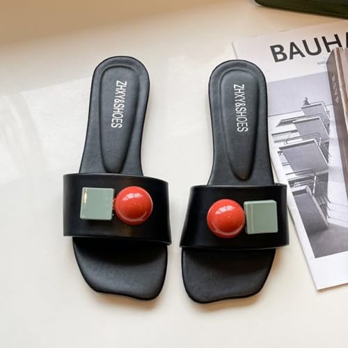 Women's Flat Slippers Flower Decor Summer Beach Vacation Square Toe Slipper