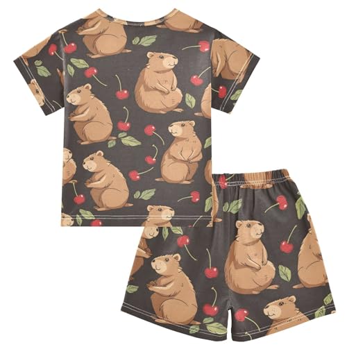 ALAZA Capybaras Cherry Fruit Pajamas Short Sleeve 2 Piece Sleepwear Top and Bottom Pajama Set Unisex2