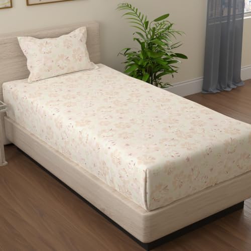 Image of Huesland by Ahmedabad Cotton 144 TC Bedsheet for Single Bed with 1 Pillow Cover | Moccasin, Pastle Orange & Antique White