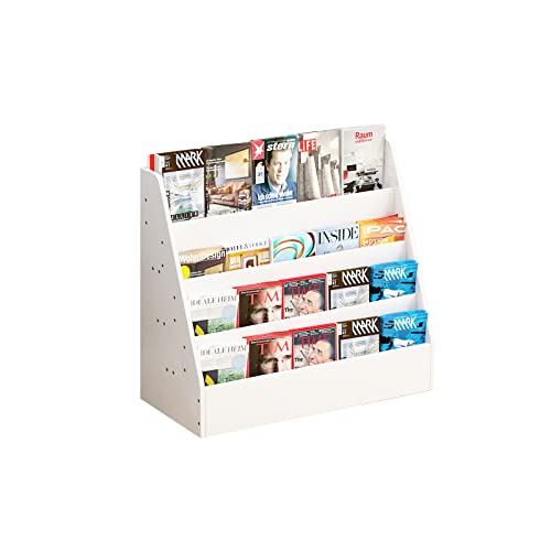 Min Win 4 Shelves Bookcase Display Stand, Floor-Standing Sling Bookshelves Wood Magazine Rack File Storage Holder Suitable For Offices, Library,Schools-19.7 * 9.5 * 18.5 Inch,White #TOP24