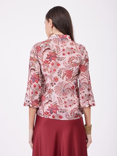 Image of FableStreet Women Formal Top | Asymmetrical Button Placket Band Collar Three-Quarter Sleeves | Pure Cotton Smooth Fabric for Office & Workwear