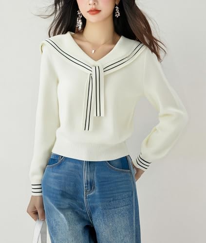 LAI MENG FIVE CATS Women's Sailor Collar Long Sleeve V-Neck Stripe Button Knit Top Shirt Blouse Sweater3