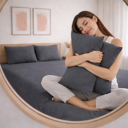 Image of THE HOME STYLE Solid Plain Cotton Feel Fitted Bedsheet (72x78 inches) with Reversible Comforter (90x100 inches) | King Size | 2 Pillow Covers | 300 TC | 4-Piece Bedding Set (Ash Grey)