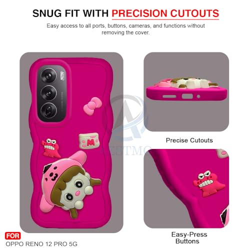 Image of AESTMO Back Case Cover for Oppo Reno 12 Pro 5G | 3D Cute Fun Cartoon Characters | Anti Slip Grip Cute Wave Curly Frame Shape | Full Body Protection Back Cover for Oppo Reno 12 Pro 5G (Pink)
