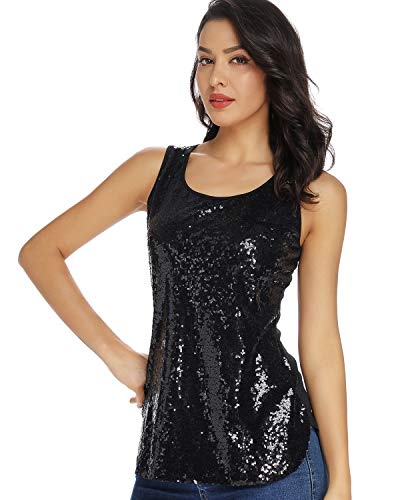 LLmansha Womens Sparkle Sequin Top, Sleeveless Round Neck Shimmer Camisole Vest Sequin Tank Tops for Women(Black,S)