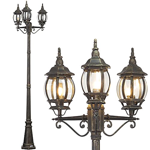 BAKAJI Lampione Vittoriano Classico da Giardino in Alluminio Lampada Lanterna Colore Grigio Finitura Anticata Color Ottone IP44 E27 (3 Luci 200 cm)