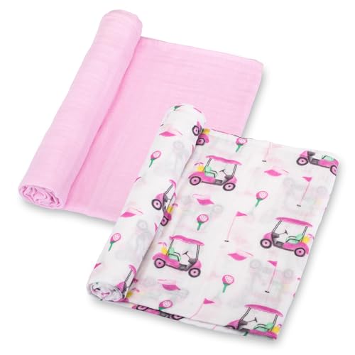Image of LollyBanks Muslin Swaddle Blankets 2 Pack, 100% Cotton Baby Blanket for Girls, Soft and Breathable 47 x 47 Inches Newborn Receiving Blanket, Newborn Essentials Must Haves (Pink Golf and Pink)