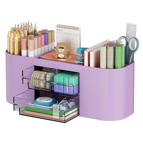 Marbrasse Organizer Scrivania con 3 Cassetti,Portapenne da Scrivania Multifunzionale,Portaoggetti Scrivania e Accessori con 7 Scomparti per Casa,Scuola,Classe (Viola)