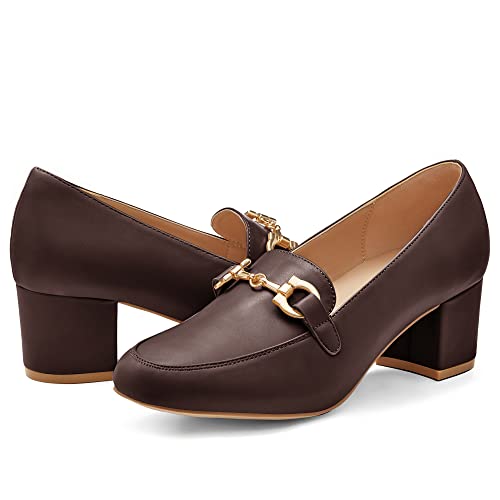 Women's Low Block Heel Pumps Slip On Chain Chunky Heel Closed Square Toe Comfortable Patent Leather Loafers Casual Dressy Business Office Work Shoes Coffee #TOP1