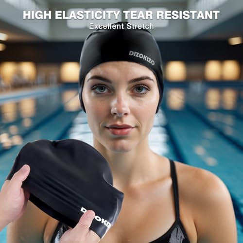 Dizokizo 2pcs High Elasticity Silicone Swim Cap for Women and Men, Comfortable Non-Slip Swimming Caps for Long and Short Hair, Durable Waterproof Swim Hats for Adults (Black)