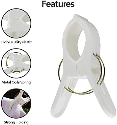 Beach Towel Clips for Sun Loungers - 4 Pcs Premium Plastic Jumbo Sunbed Towel Clips - Multipurpose Usage Pegs for Washing Line and Beach Towel Pegs for Towels, Quilts and Heavy Laundry - White