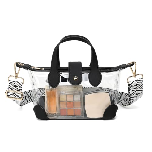 LOXOMU Clear Stadium Bag for Women - Small Cute Clear Bag for Stadium Events, See Through Purse Handbag with Adjustable Strap (Black)