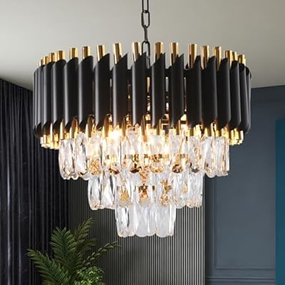 Image of Zingy Black Mamba Modern Crystal Pendant Light 3 Tiers Black and Gold Fixtures Round, Stainless Steel Tube Crystal Golden Finish Exqusite Design Pendant for Home and Office (400mm) E