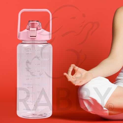 Image of RABBY 2L Motivational Water Bottle for Kids & School Use | Time Marker, BPA-Free, Leakproof Straw Lid, Carry Strap | Plastic Water Bottle for Travel, Sports, Gym, Office (Pink 1Pcs)