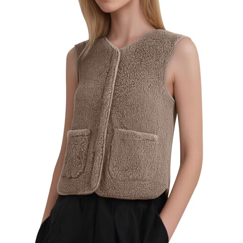 Chaleco de lana de cálido e informal de color liso para mujer (Khaki, XXL)