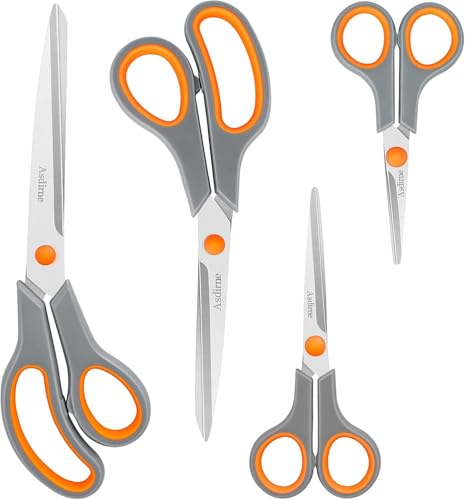 Asdirne Stainless Steel Scissors, Modern Style, Soft Grip Handle, 4 Pcs Pack - Orange