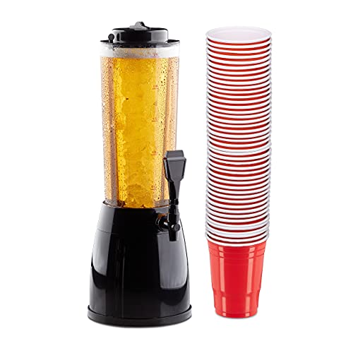 Relaxdays 51 Accessori da Birra, Torre da 2,5 Litri con Spillatore, 50x Bicchieri da Berr Pong in Plastica Rossa