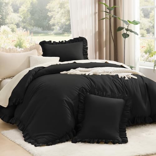 Image of Litanika Black Queen Comforter Set, 3 Pieces Ruffle Farmhouse Aesthetic Bedding Comforter Set, All Season Soft Lightweight Fluffy Microfiber Bed Set(90x90In Comforter, 2 Pillowcases)