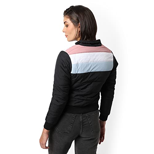 Image of Campus Sutra Women Black Colour-Blocked Puffer Regular Fit Bomber Jacket For Winter Wear | Standing Collar | Full Sleeve | Zipper | Casual Jacket For Woman & Girl | Western Stylish Jacket For Women
