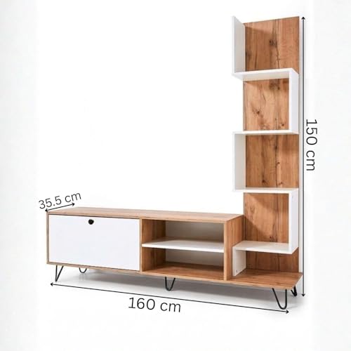 Image of FFO Modern TV Unit with Storage & Display Shelves | Wooden Entertainment Center with Drawer & Open Rack | Industrial Metal Legs TV Stand for Living Room (Coach Wood. & White Finish) DIY.