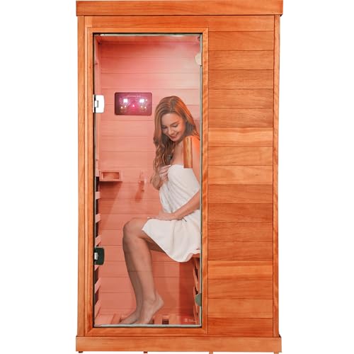 Image of OUTEXER Far Infrared Sauna Home Sauna Spa Room Low-EMF Wood 1200W Indoor Saunas with 7 Color Light Tempered Glass Door, Room:35.2 * 27.6 * 61.6Inch