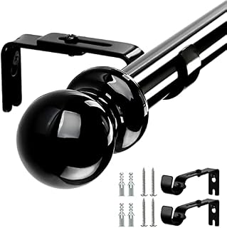 Curtain Pole for Windows, 76-369cm, 2.5cm Thickness Adjustable Single Curtain Rod with Round Finial Heavy Duty Decorative Windows Drapery Rods for Living Room, Bathroom, Bedroom, Black