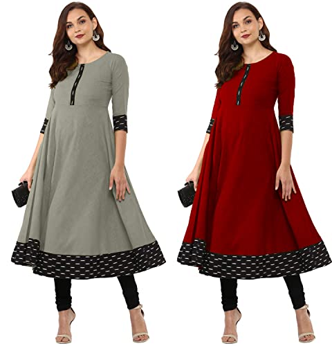 Image of NATEK Plain Cotton Officewear Anarkali Kurti Kurta for Ladies Girls - Combo Sets of 2 Grey, Maroon Colour Medium Size