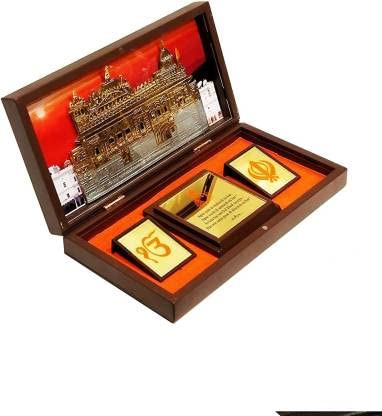 Satnam Shree Waheguru in Wooden Box with Chandan Fragrance Gold Plated Decorative Showpiece - 12.7 cm (Wood, Glass, Gold Plated, Brown)