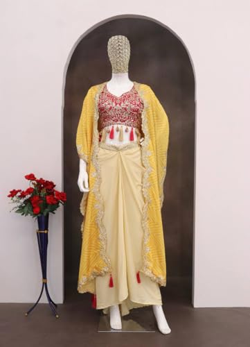 Image of Women Indo Western Dhoti Set with Blouse and Shrug Sequins Embroidery Bandhani Print Ethnic Wear