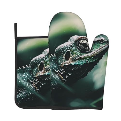 WZYWHJ Set di guanti da forno e presine con stampa di salamandra, per cucinare, forno a microonde, grigliate, con cordino