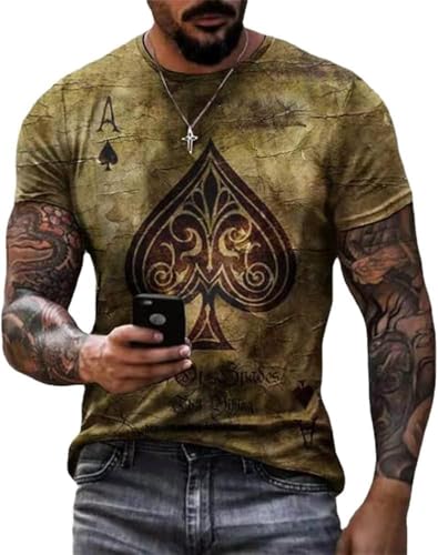 Mens Graphic Tees Casual Short Sleeve Slim Fit Crewneck Tshirt 3D Poker Pattern Vintage T Shirts Funny Poker Shirt for Men