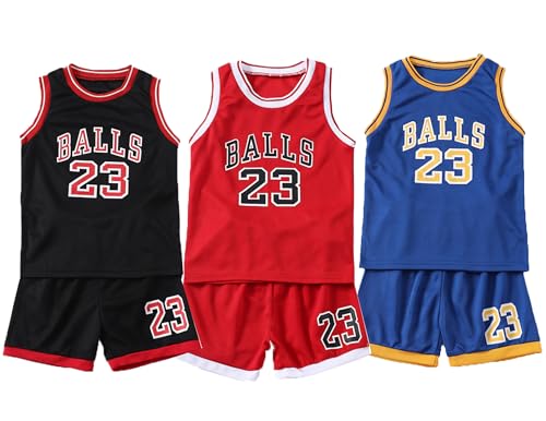 Image of Toddler Kids Sports Shorts Set Baby Boys Girls Jerseys 2 Piece Basketball Tank Top Mesh Shorts Set (3Set(Black+Blue+Red), 5 Years)