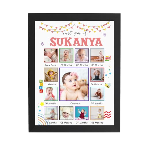 Image of ASHVAH 12 Months Baby Girl Photo Frame 01st Birthday One Year Personalized 12 Images With Texts Best Gift (BABY 12 MONTH) - A3 Size