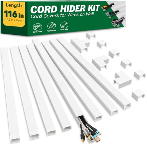 AZEN Cord Hider Kit, 116in Cord Covers for Wires on Wall, Paintable Wire Covers for Cords on Wall, Self-Adhesive Cable Hider Cord Organizer, Wire Hiders, 8X L14.5in X W0.96in x H0.57in