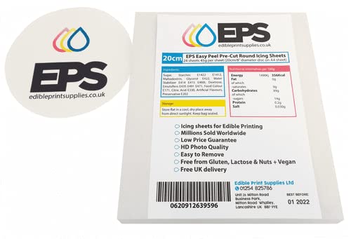 8 inch Pre-Cut Round EPS Edible Icing Sheets Pack (24 Sheets) for Printing/Photo Cake