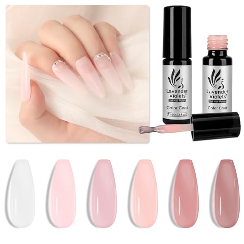 Lavender Violets 6 Pcs Gel Nail Polish Jelly Colours Transparent Sheer Milky Nude White Pink Crystal Clear Peach Translucent French Nail Art Starter Kit DIY Salon Manicure Gift for Woman C204