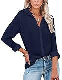 Diosun Womens Button Down V Neck Shirts Long Sleeve Office Casual Business Plain Blouses Tops Dark Blue