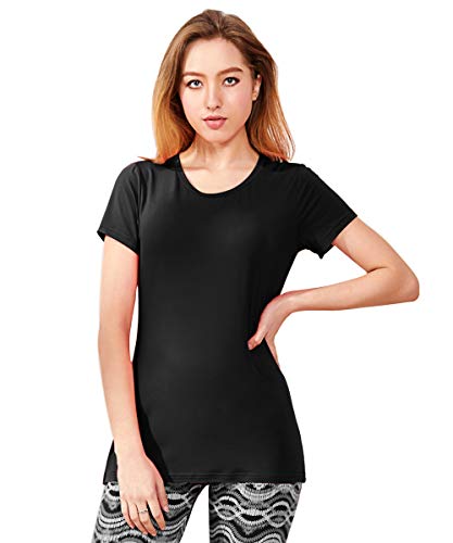 Zengjo Tee Shirts for Women Basic Ultra Soft Scoop Neck Gym Yoga Workout T-Shirt Short Sleeve (L,Black)