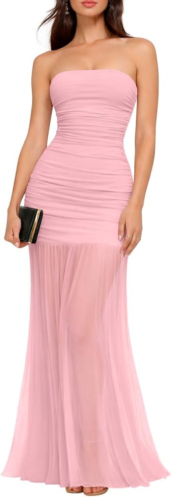 LAGSHIAN Women's Elegant Wedding Guest Maxi Dress Sleeveless Tube Ruched Mesh Evening Long Dresses