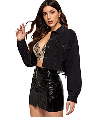 Floerns Women's Casual Drop Shoulder Ripped Crop Denim Jacket A Black S #TOP3