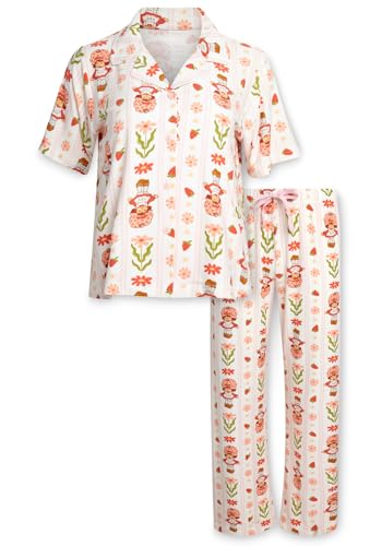 Image of COCO BRANDS Strawberry Shortcake Womens Pajama Sets - 2 Piece Soft Stretch Button Down Sleep Shirt and Pajama Pants