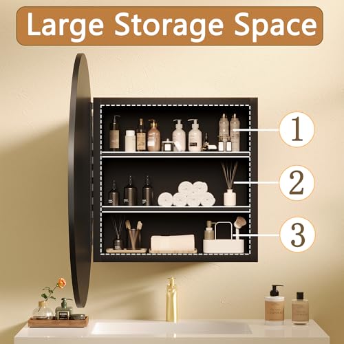 Cakhdry Black Medicine Cabinet Mirror, Wall Mounted Bathroom Vanity with Mirror, 23.2\" Round Bathroom Medicine Cabinet with Storage Function, Removable Shelves, Metal, NO Assembly - Thumbnail 3