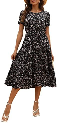 NAVINS Women Floral Print Puff Sleeve Tiered A-Line Swing Midi Dress with Pockets NA1002 (M,Black Print)
