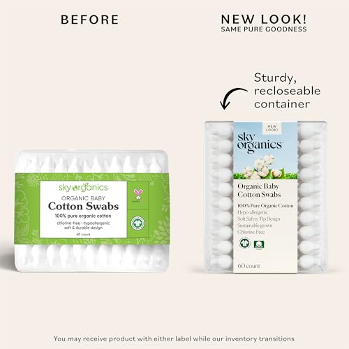 Sky Organics Organic Baby Cotton Swabs for Baby, 100% Pure Organic Cotton, GOTS Certified Organic Cotton, 60 Count