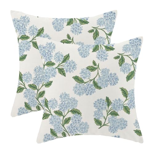Blue Hydrangea Floral Pillow Covers 18x18 Inch Vintage Spring Flowers Throw Pillow Covers Set of 2 Vintage Seasonal Summer Outdoor Pillow Cases Home Decor for Living Room Bedroom Linen Square Cushion